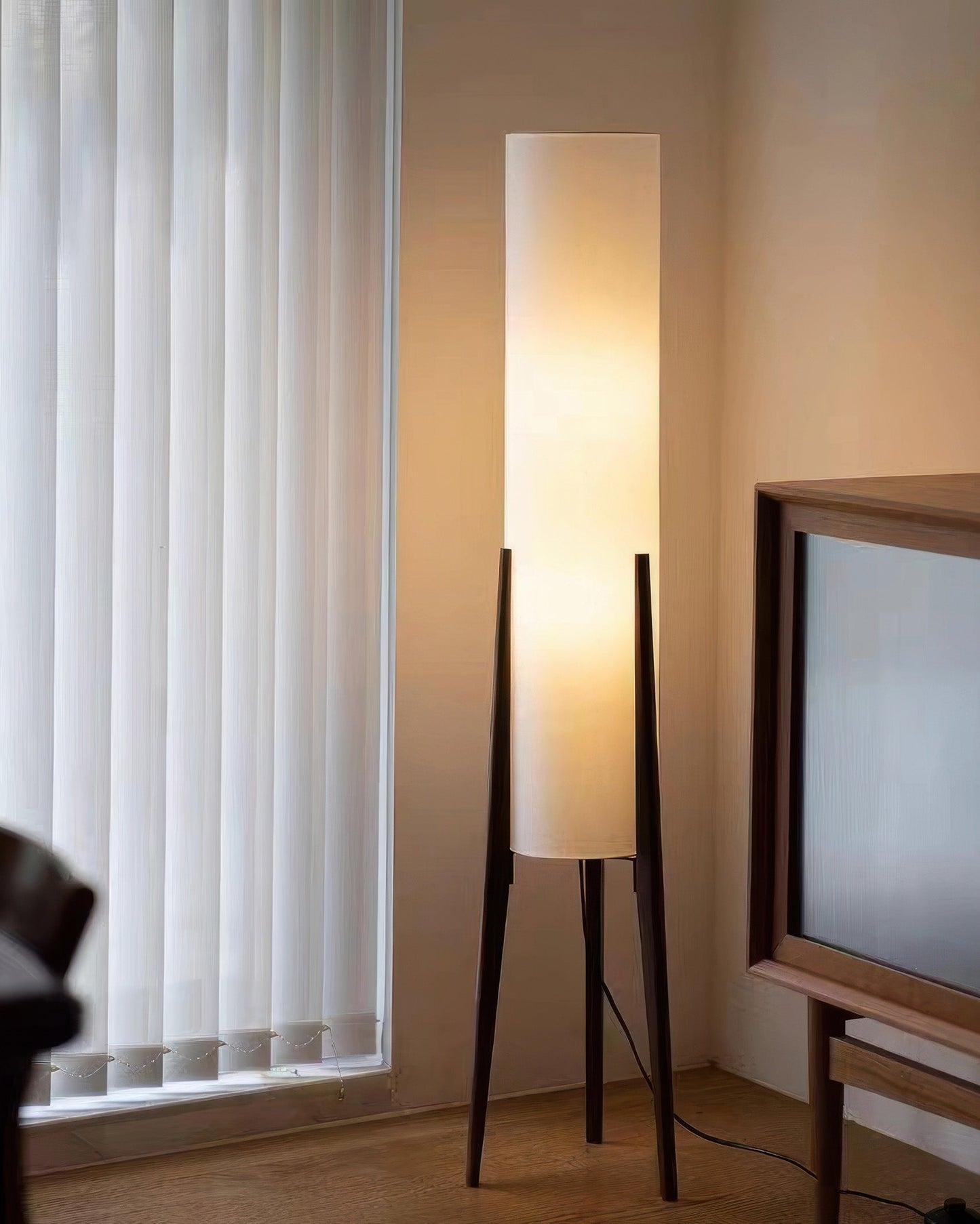 Walnut Wood Floor Lamp with Nordic LED Design and Fabric Shade for Ambient Lighting