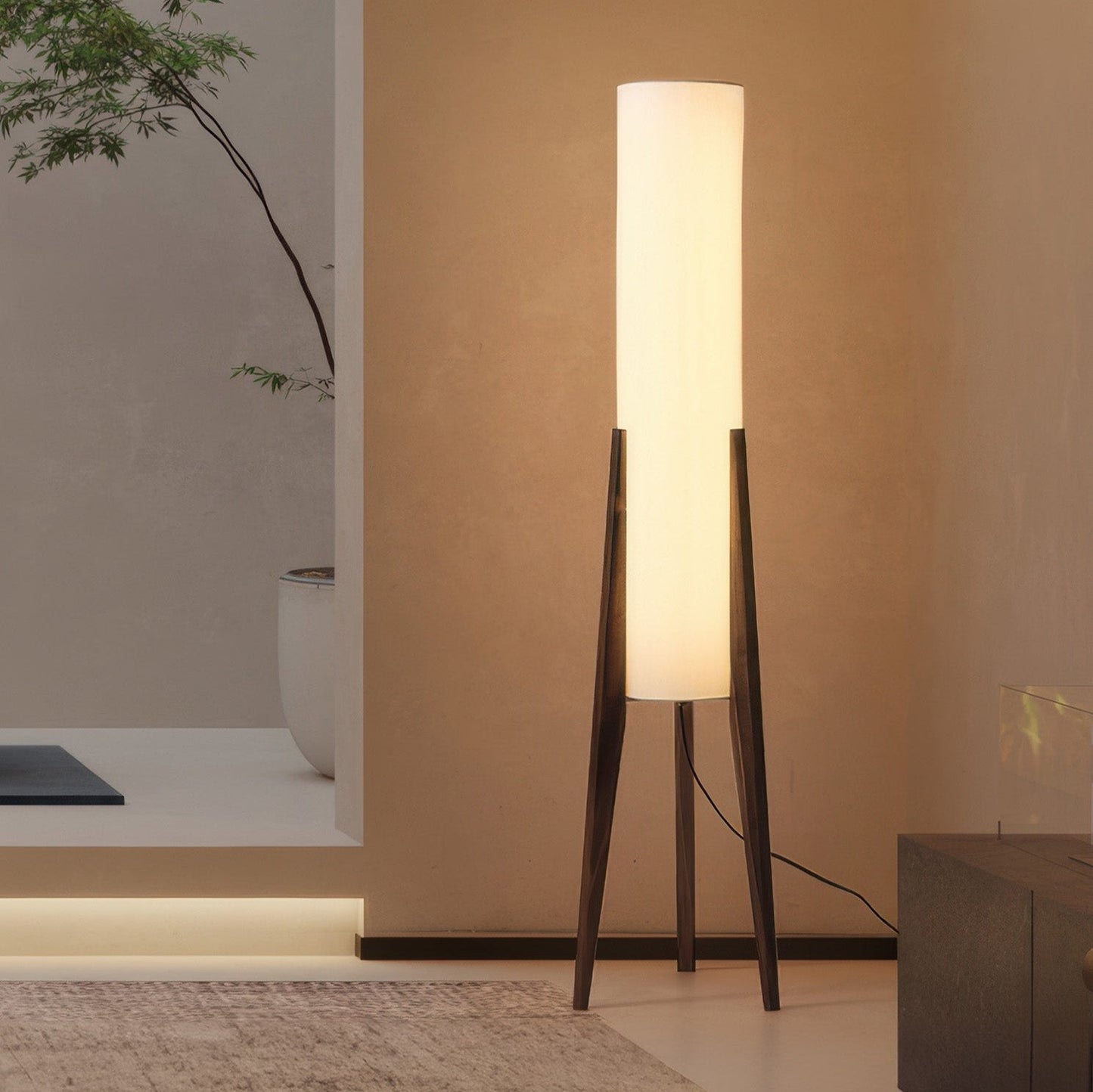 Walnut Wood Floor Lamp with Nordic LED Design and Fabric Shade for Ambient Lighting