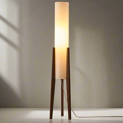 Walnut Wood Floor Lamp with Nordic LED Design and Fabric Shade for Ambient Lighting