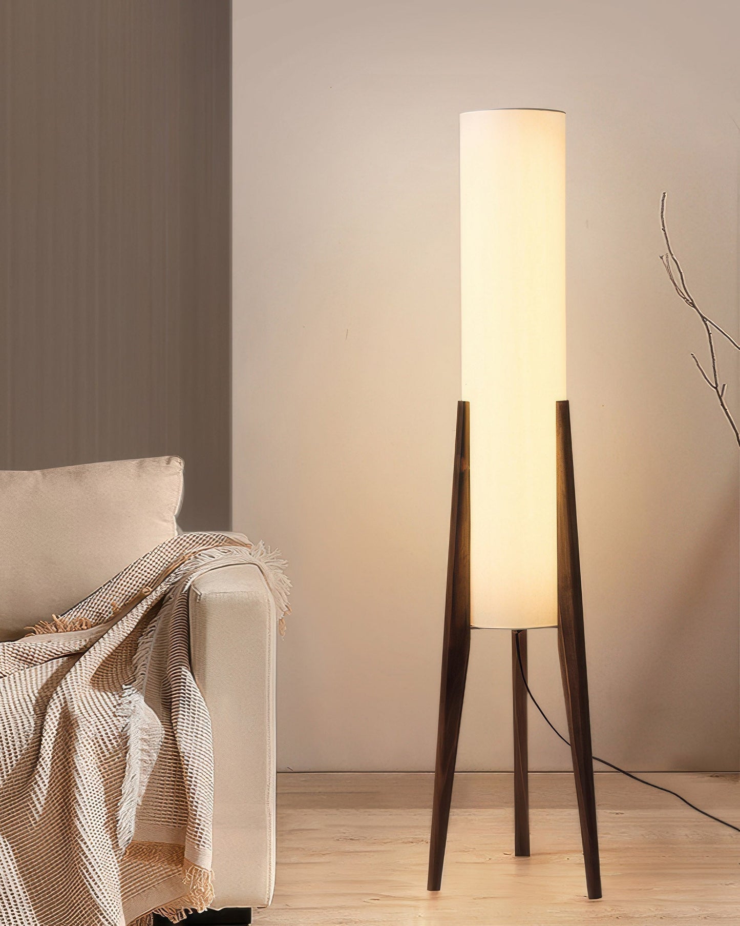 Walnut Wood Floor Lamp with Nordic LED Design and Fabric Shade for Ambient Lighting