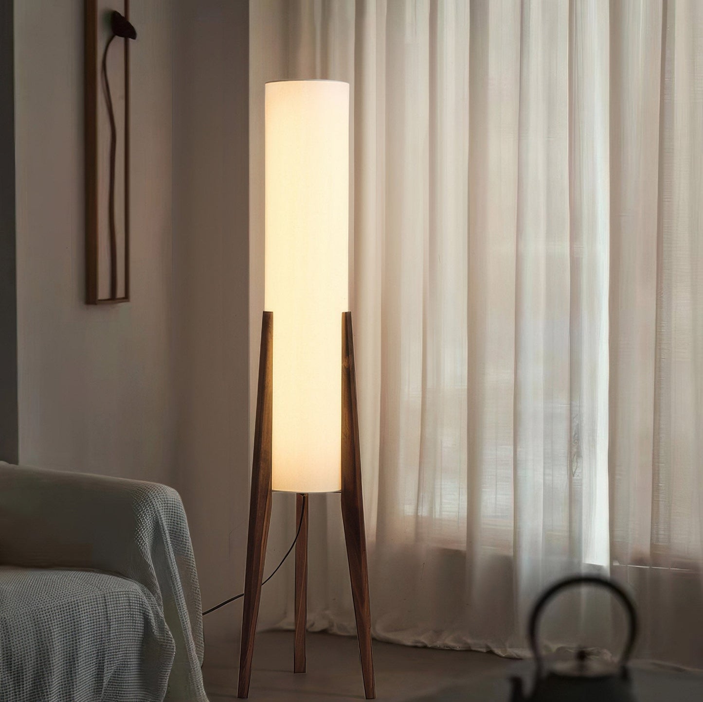 Walnut Wood Floor Lamp with Nordic LED Design and Fabric Shade for Ambient Lighting