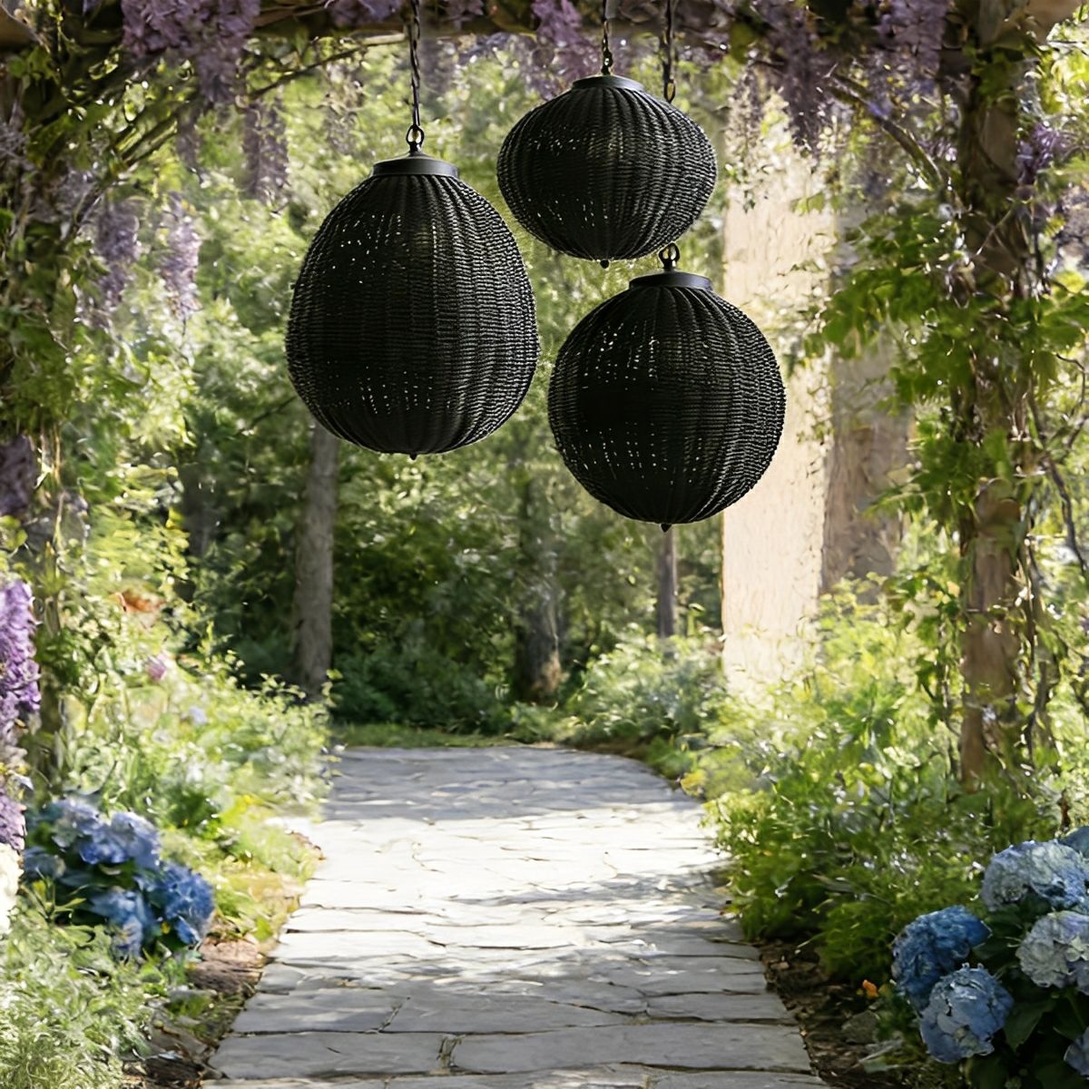 Retro Rattan Outdoor Pendant Light with Waterproof Construction for Garden Lighting